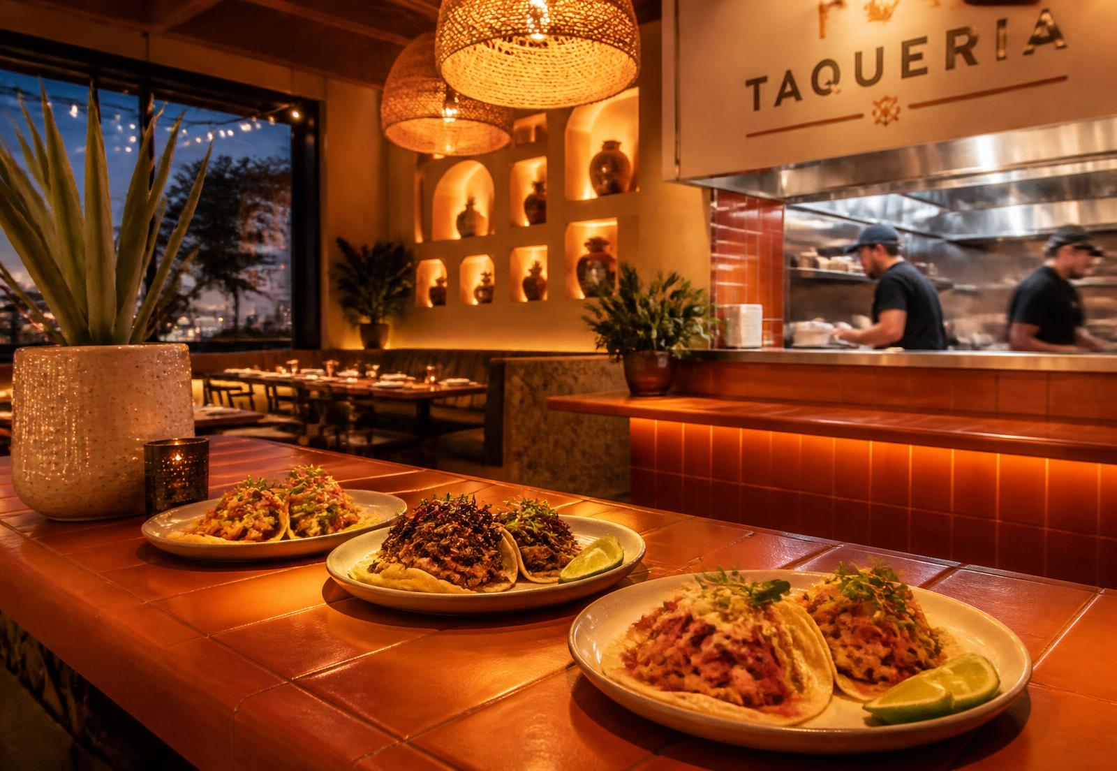 A warmly lit modern taqueria interior with plated tacos on the counter