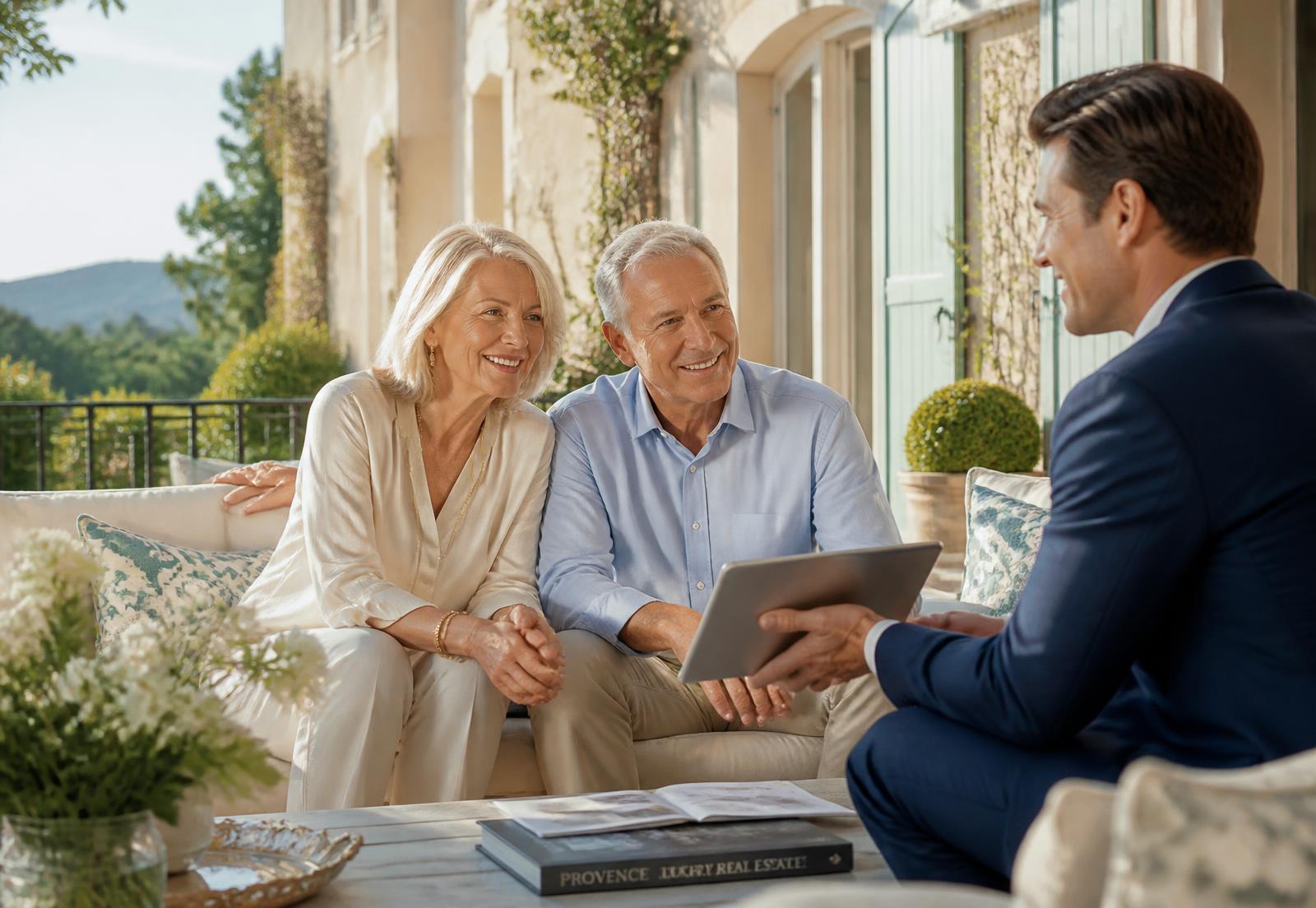 A senior couple reviewing property options with an advisor on a sunlit terrace